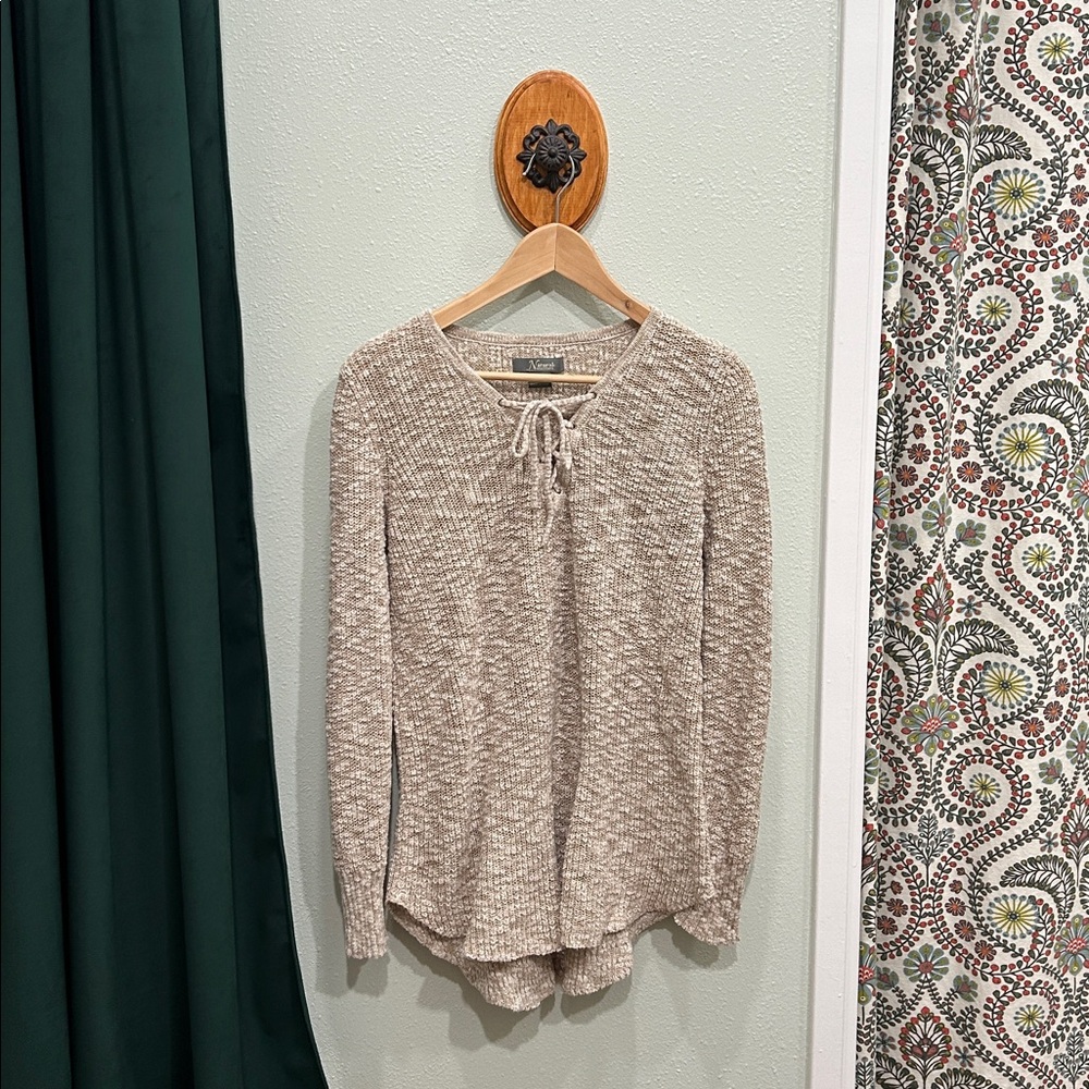Natural Reflections, Tan/Cream Knit Sweater with Tie Neck, Sz M